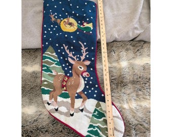 Vtg Needlepoint Christmas Stocking XL Reindeer Santa Claus Star Red Velvet Back