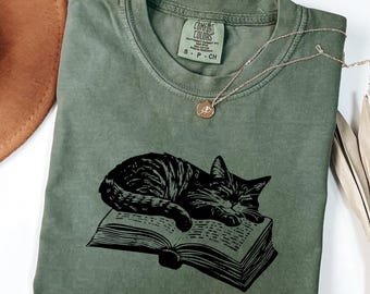 Cat and Book Shirt, Book Lover Tee, Bookish Tee, Reading Tshirt, Gift for Cat Lover, Bookish Gift, Librarian Shirt, Book Lover Gift
