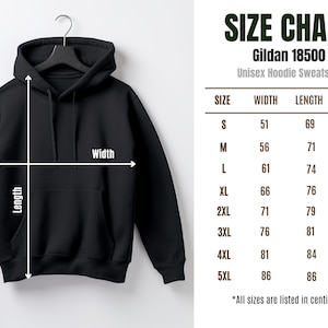 May include: A black unisex hoodie sweatshirt hanging on a hanger, with a size chart to the right. The size chart lists measurements in centimeters for width, length, and sleeve length, ranging from size S to 5XL.