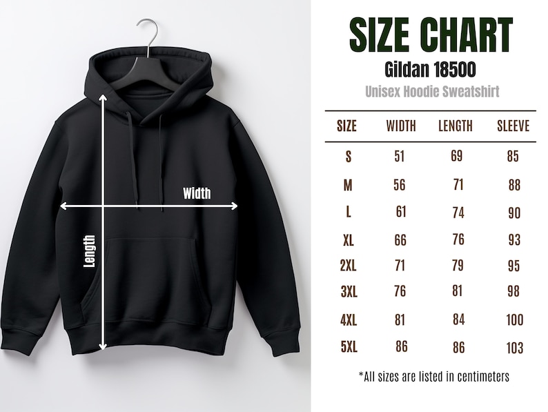May include: A black unisex hoodie sweatshirt hanging on a hanger, with a size chart to the right. The size chart lists measurements in centimeters for width, length, and sleeve length, ranging from size S to 5XL.