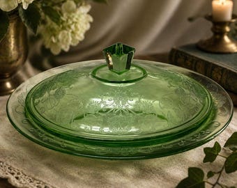 Hazel Atlas Florentine No. 2 (Poppy) Uranium Glass Covered Dish • Depression Glass Serving Bowl with Original Lid