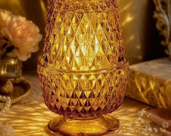 Vintage Amber Diamond Point Fairy Lamp – Indiana Glass Pedestal Base Cottagecore Decor