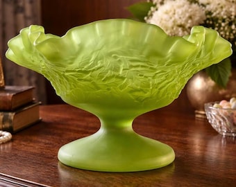Vintage Westmoreland Satin Green Compote – Panelled Grape Candy Dish 7"