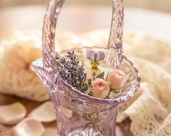 1930s Duncan Miller Etched Crystal Basket Vase – Sun Purple Depression Glass