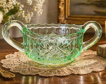 Imperial Uranium Glass • Aqua Colored Star & Diamond Pattern • Double Handle Sugar Bowl • UV Reactive Depression Glass