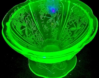 Set of 5 Vintage Uranium Glass Sherbet Dishes – Jeannette Cherry Blossom (UV Reactive)