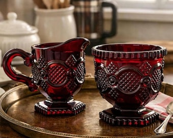 1876 Avon Cape Cod Collection • Ruby Red Pressed Glass Creamer & Sugar Set