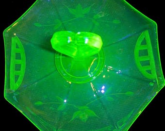 Vintage Greensburg Glass Co. Uranium Glass Octagon Bonbon Dish • Heart Handle Candy Server