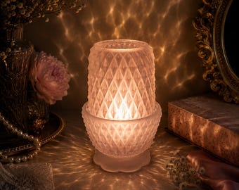 Vintage Pink Satin Glass Fairy Lamp | Diamond Point Candle Holder, Mid Century Decor