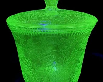 U.S. Glass Uranium Green Strawberry Pattern Covered Dish •  5” Tall • Hard to Find!