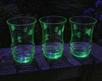 Uranium Glass Tumblers | Set of 3 Etched Cherry Branch Floral Etched Mid-Century Drinkware