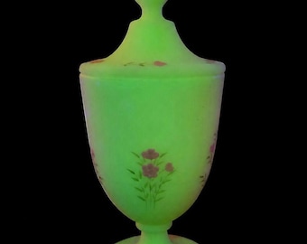 Vintage Fenton Uranium Custard Glass Pedestal Jar • Hand-Painted Floral Satin Finish