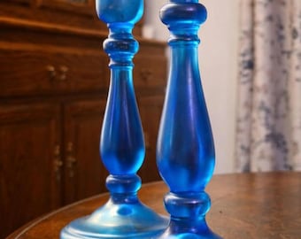 Vintage Blue Carnival Glass Candlesticks • Pair Iridescent Taper Holders
