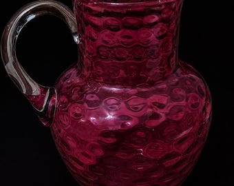 Vintage Cranberry Coin Dot Optic Glass Pitcher | 8.5 Inch Art Glass