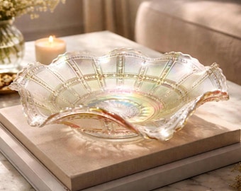 Vintage Topaz Yellow Carnival Glass Bowl • Imperial Beaded Block Candy Dish