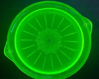 1930s US Glass Co. Double Handled Tendril Serving Tray • 10” Cake Plate • Green Depression Era Uranium Glass Serving Platter