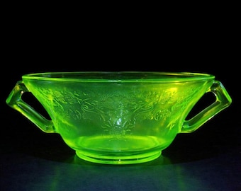 1930s Hazel Atlas Florentine No. 2 • Uranium Glass Soup Bowls • Poppy Floral