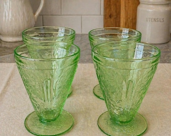 Uranium Glass Footed Tumblers • Set of 4 Jeannette Cherry Blossom Green Depression Glasses
