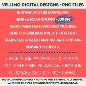 May include: A red graphic with white text advertising digital PNG files from Vellimo Digital Designs. The text details instant access, high-resolution, transparent backgrounds, and suitability for various printing methods. The image also states that the files will be available after payment.