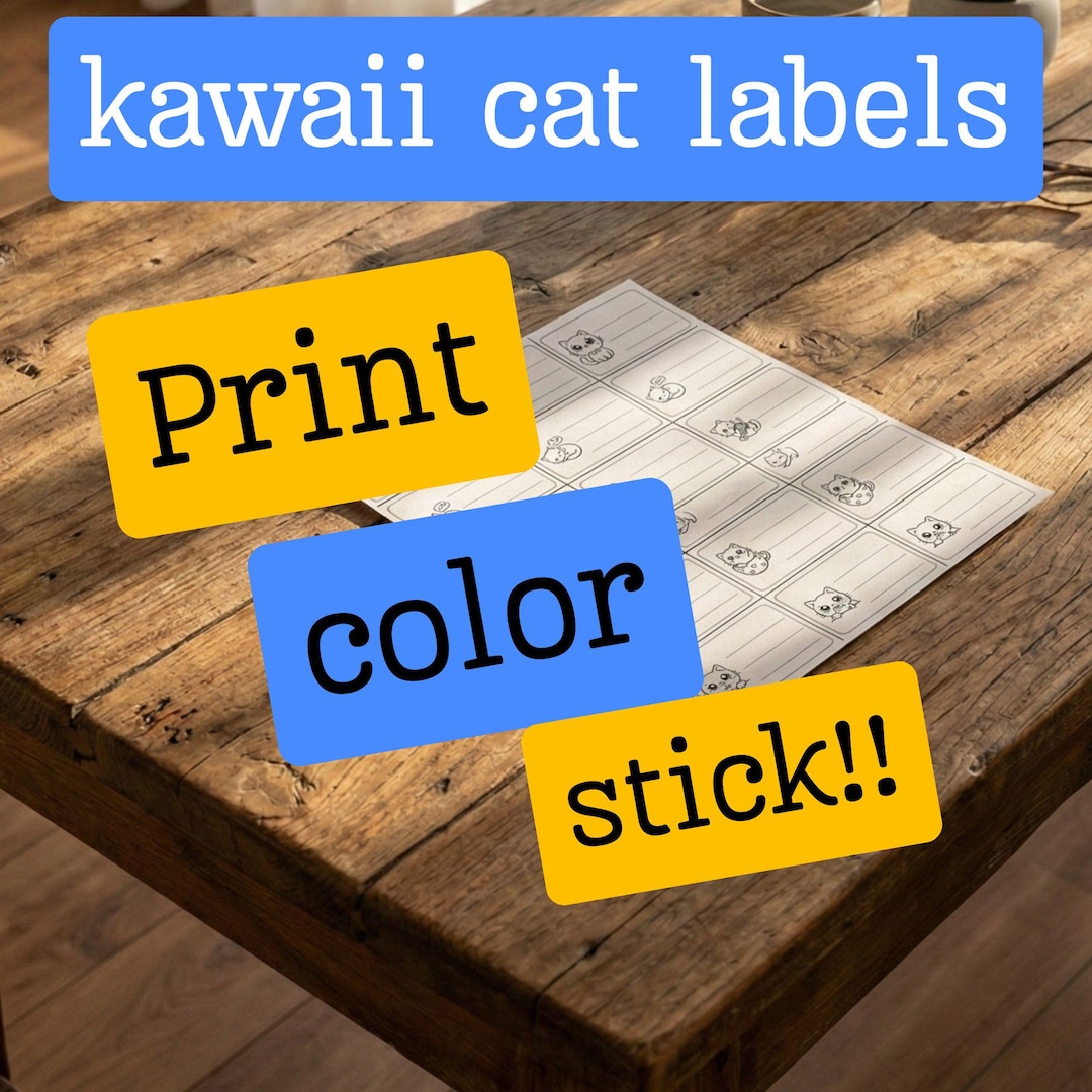 Colorable Labels Kawaii Cat Coloring Labels for School | Printable Pencil Labels, Name ...