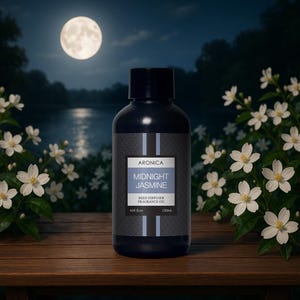 May include: A dark blue bottle of "Midnight Jasmine" reed diffuser fragrance oil, 4.05 fl oz (120ml), with a label featuring the brand name "Aronica". The bottle is set against a night scene with a full moon, water, and white flowers.