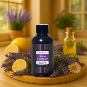 May include: A dark blue bottle of "Lemon Lavender" reed diffuser fragrance oil sits on a wooden tray surrounded by lavender sprigs, lemon slices, and a small bottle of oil. The label reads "Aronica".
