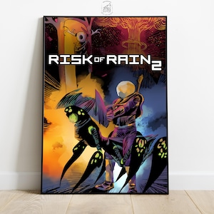 May include: A framed art print featuring the text "RISK OF RAIN 2". The artwork depicts a figure in a spacesuit holding a weapon, riding a black creature with long legs. The background has a vibrant mix of orange, purple, and blue.