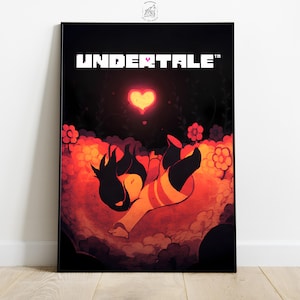 Könnte beinhalten: Gerahmter Kunstdruck mit dem Wort "UNDERTALE" in weißen Blockbuchstaben. Das Kunstwerk zeigt eine Figur, die durch eine feurige, wolkengefüllte Szene mit einem leuchtenden Herzen fällt. Schwarzer Rahmen.