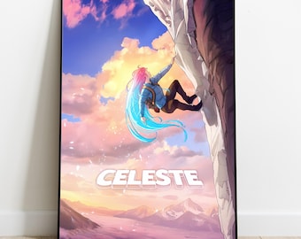 May include: A framed art print featuring a stylized illustration of a person climbing a mountain. The person has pink and blue hair and is wearing a blue jacket. The word "CELESTE" is displayed in white block letters. The background shows a sunset over mountains.