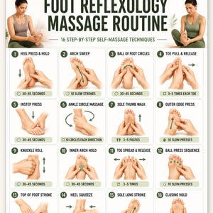 Könnte beinhalten: Eine digitale Übersicht mit dem Titel Foot Reflexology Massage Routine, die 16 nummerierte Schritt-für-Schritt-Selbstmassagetechniken zeigt. Jeder Abschnitt enthält eine Beschreibung, eine Illustration von Fußmassagen und Zeitangaben.