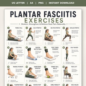 Puede incluir: Una lámina digital titulada Plantar Fasciitis Exercises que presenta dieciséis ilustraciones numeradas de ejercicios de fisioterapia. El póster incluye descripciones de texto para cada movimiento, como estiramientos de pantorrilla y dedos.
