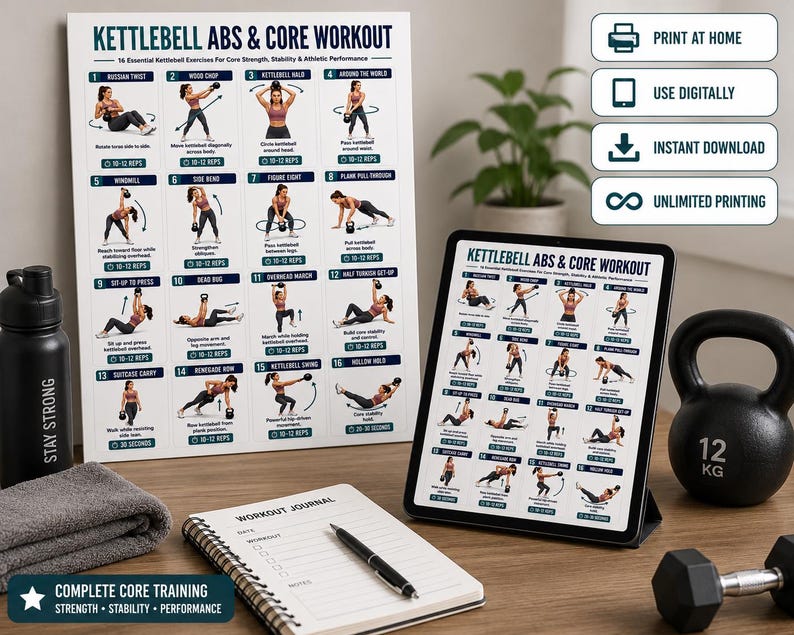 Full Body Kettlebell Exercises, Kettlebell Workout Poster For Beginner, Strength & Conditioning Training Routine Home Gym Wall Art Printable