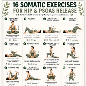 Op de afbeelding: Een digitale kaart getiteld 16 Somatic Exercises for Hip & Psoas Release, met genummerde illustraties van een persoon in olijfgroene sportkleding die verschillende rekoefeningen uitvoert, waaronder middenrifademhaling en lunges.