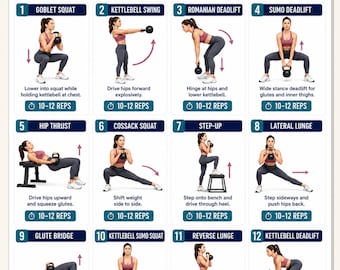 Entraînement des fessiers et des hanches avec kettlebell à imprimer | Tableau des 16 exercices pour les fessiers et les jambes | Poster d'entraînement pour les fesses à domicile | Bas du corps | Téléchargement instantané