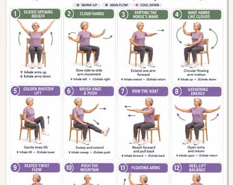 Entraînement de tai-chi sur chaise pour femme PDF, tai-chi assis imprimable pour femme, entraînement sur chaise pour femme, tableau de la santé des femmes, entraînement pour femmes âgées
