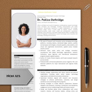 May include: A professional resume featuring a headshot of a woman wearing glasses. The resume highlights experience in communications, media, and innovation, with sections on research, accomplishments, and career snapshots. The document is on a tan background.
