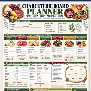 May include: A printable charcuterie board planner document featuring a 10-step guide for planning, shopping, and arranging food. The layout includes checklists for cheese, cured meats, crackers, fruit, and nuts, with a board layout diagram.