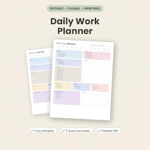 May include: A digital daily work planner template featuring sections for reminders, today's top priorities, to-do lists, follow-ups, meetings, calls, and notes. The layout uses pastel-colored boxes on a white background with the text Daily Work Planner.