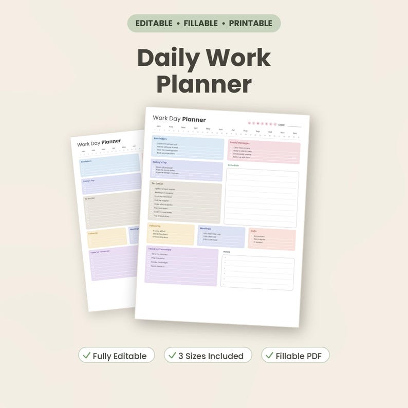 May include: A digital daily work planner template featuring sections for reminders, today's top priorities, to-do lists, follow-ups, meetings, calls, and notes. The layout uses pastel-colored boxes on a white background with the text Daily Work Planner.