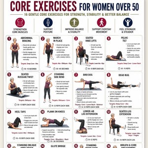 Op de afbeelding: Een digitale instructiekaart getiteld Core Exercises for Women Over 50, met 16 genummerde illustraties van een persoon die verschillende fitnessoefeningen uitvoert. De poster bevat tekstbeschrijvingen, doelspiergroepen en de duur per oefening.
