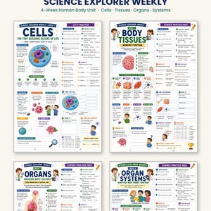 May include: A four-page printable science lesson set titled Science Explorer Weekly, covering human body units on cells, tissues, organs, and systems. Each page features colorful illustrations, diagrams, vocabulary, practice questions, and activities.