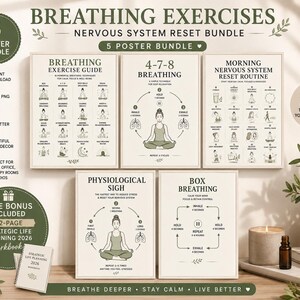 Könnte beinhalten: Ein Set aus fünf Postern mit dem Titel Breathing Exercises Nervous System Reset Bundle, das Anleitungen für 4-7-8-Atmung, physiologisches Seufzen und Box-Breathing enthält, ergänzt durch Illustrationen einer sitzenden Person und Textanweisungen.