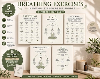 Breathing Exercises Bundle | 5 Poster Set | Box Breathing 4-7-8 Physiological Sigh | Nervous System Reset | Anxiety Relief Printable