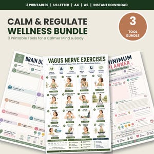 May include: A digital wellness bundle featuring three printable sheets: a Brain Dump, Vagus Nerve Exercises with sixteen illustrated techniques, and a Minimum Planner. The documents include text, icons, and instructional graphics for daily use.