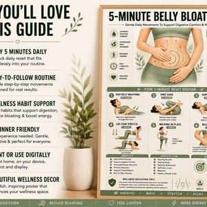 belly bloat relief • anti bloating routine • debloat exercises • digestive comfort • bloating remedy • gut wellness poster • gentle stretching routine • self care wall art • belly massage guide