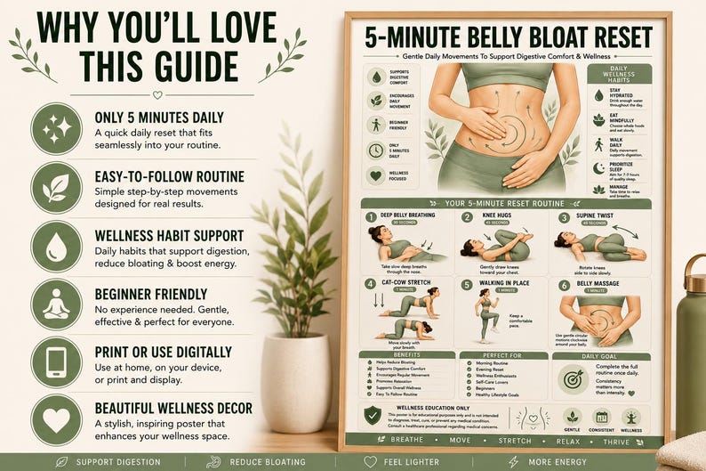 belly bloat relief • anti bloating routine • debloat exercises • digestive comfort • bloating remedy • gut wellness poster • gentle stretching routine • self care wall art • belly massage guide
