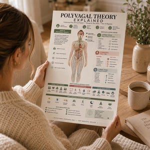 May include: A white educational poster titled Polyvagal Theory Explained featuring a central human body diagram with nervous system pathways, colour-coded sections for ventral vagal, sympathetic, and dorsal vagal states, and various icons for regulation.