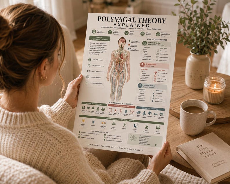 May include: A white educational poster titled Polyvagal Theory Explained featuring a central human body diagram with nervous system pathways, colour-coded sections for ventral vagal, sympathetic, and dorsal vagal states, and various icons for regulation.