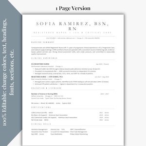 May include: A professional resume for Sofia Ramirez, RN, BSN, specializing in ICU and critical care. The document highlights clinical experience, certifications, and skills, including ventilator management and arterial lines.