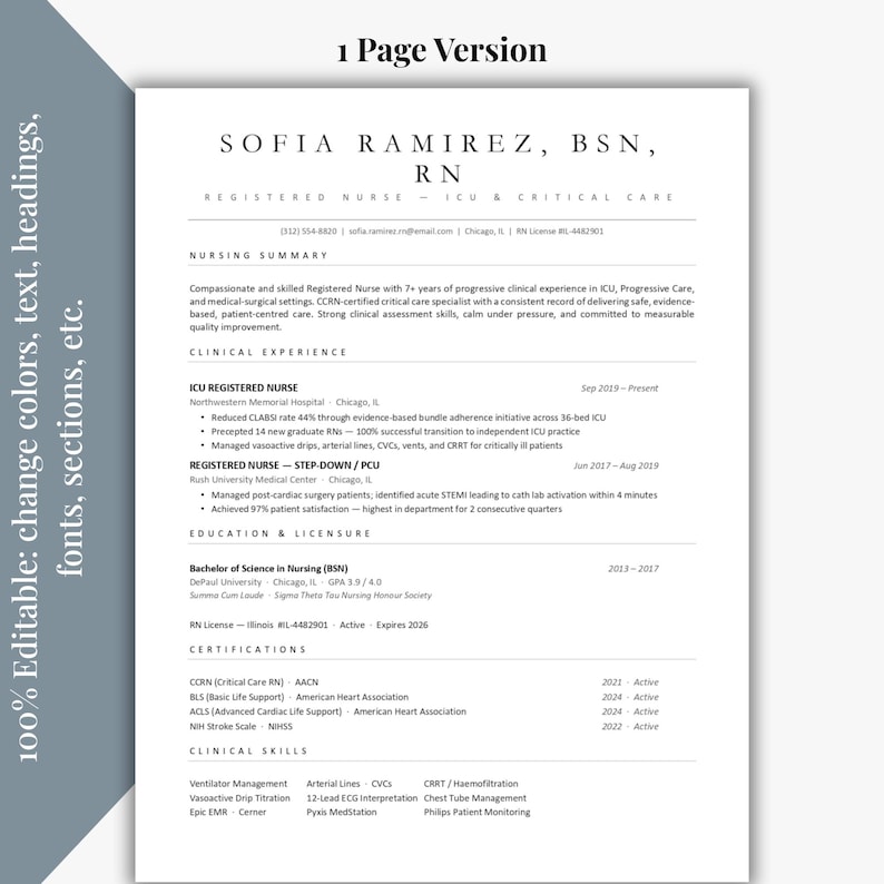 May include: A professional resume for Sofia Ramirez, RN, BSN, specializing in ICU and critical care. The document highlights clinical experience, certifications, and skills, including ventilator management and arterial lines.